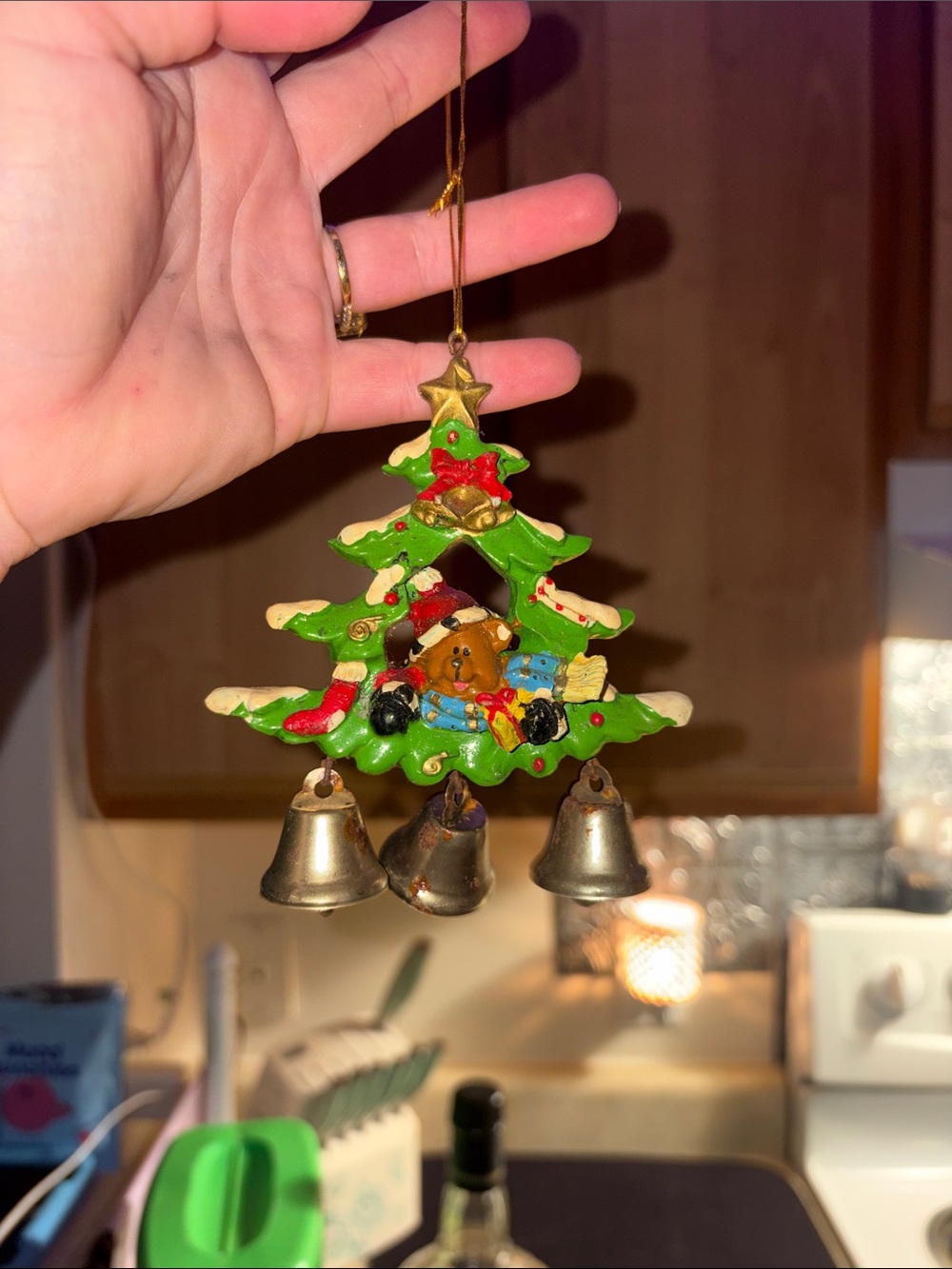 Hand-Painted Green Christmas Tree Bell Ornament